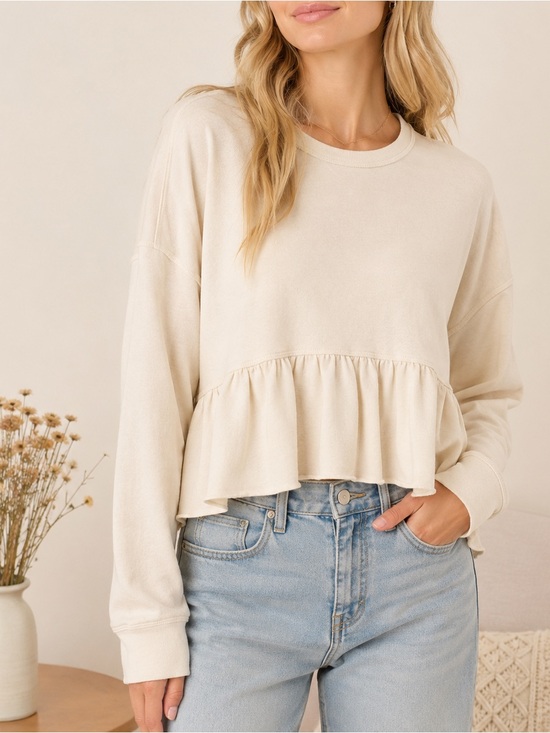 Altar'd State Tops - Altar’d State Cream Peplum Sweatshirt Top Ruffle Hem Long Sleeve Size M